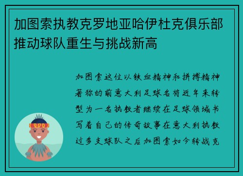 加图索执教克罗地亚哈伊杜克俱乐部推动球队重生与挑战新高