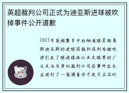 英超裁判公司正式为迪亚斯进球被吹掉事件公开道歉 英超裁判公司正式为迪亚斯进球被吹掉事件公开道歉